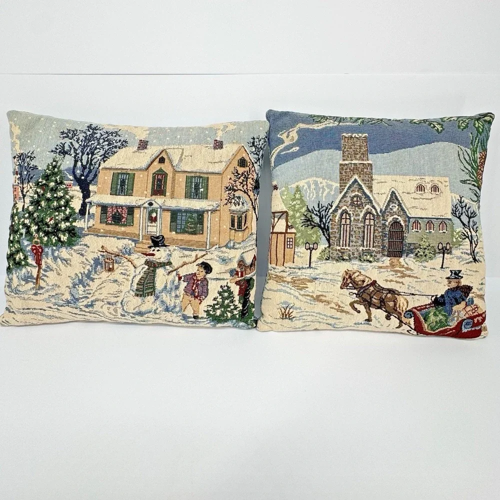 Christmas Tapestry Throw Pillow Snowman Winter Scene House Church Woven Holiday‎